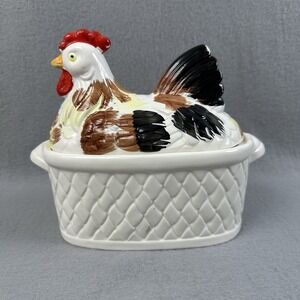 VTG Ceramic Hen Chicken Basket Lid Sugar Bowl Dish Container Japan With Spoon